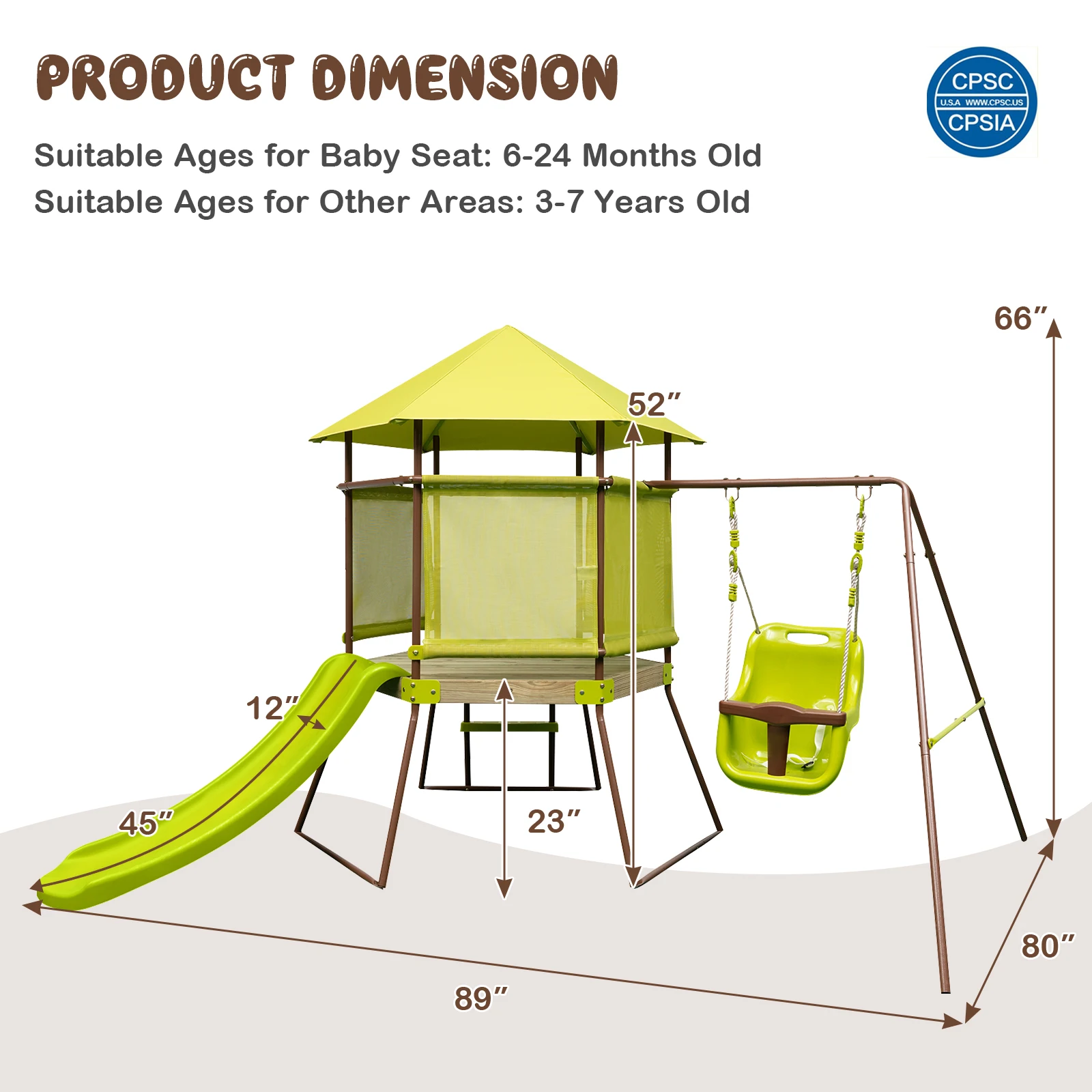 4-in-1 Swing Set w/ Covered Playhouse Fort Height Adjustable Baby Seat Slide