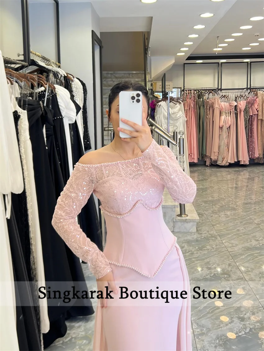 Aangepaste Sparkle prachtige lovertjes kant kralen roze prom feestjurk op maat gemaakte gelegenheid avondjurk lange jurken