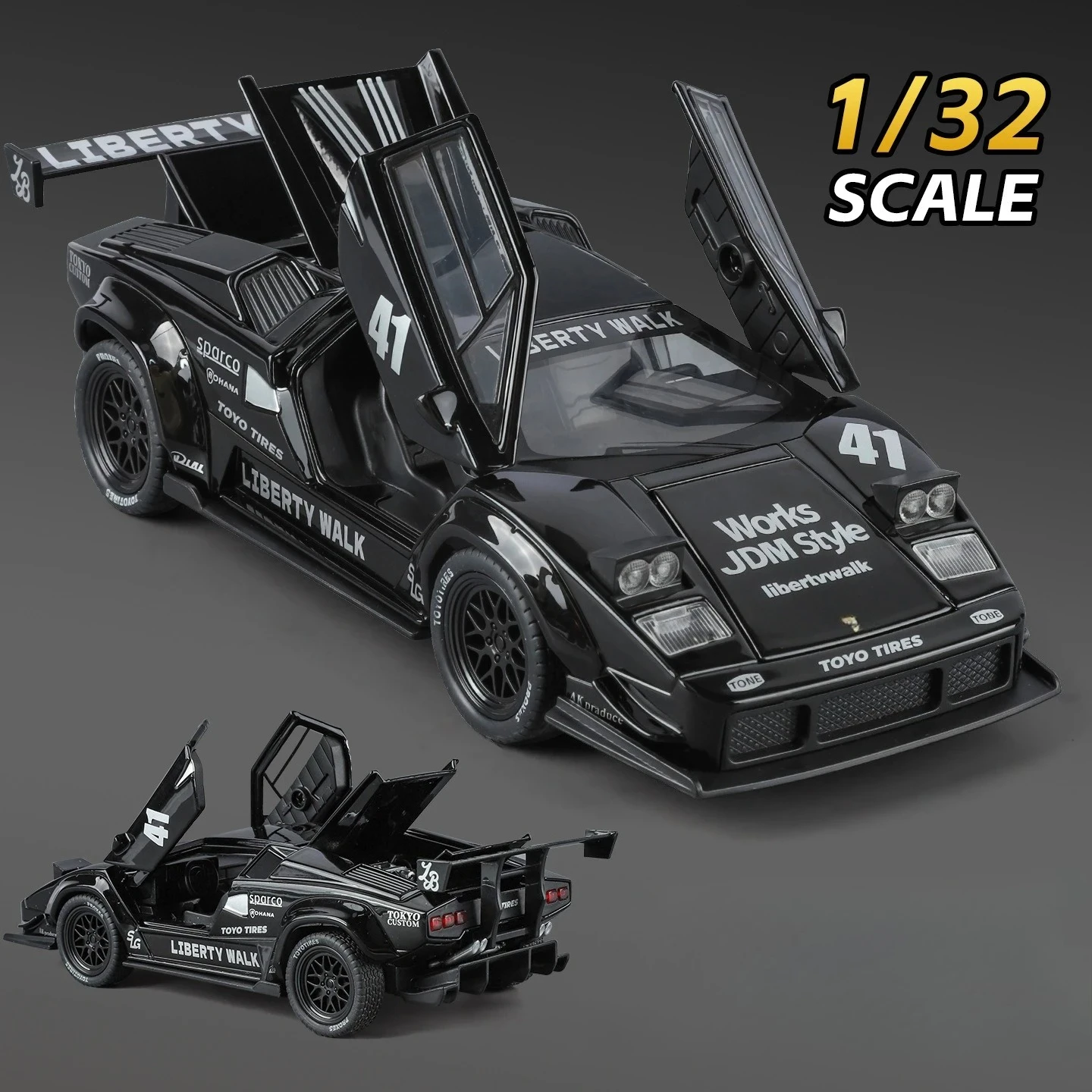 

1:32 Countach LIBERTY LBWK Toy Model Diecast Car Sound Light Pull Back Miniature Cars Fashion Ornament Collection
