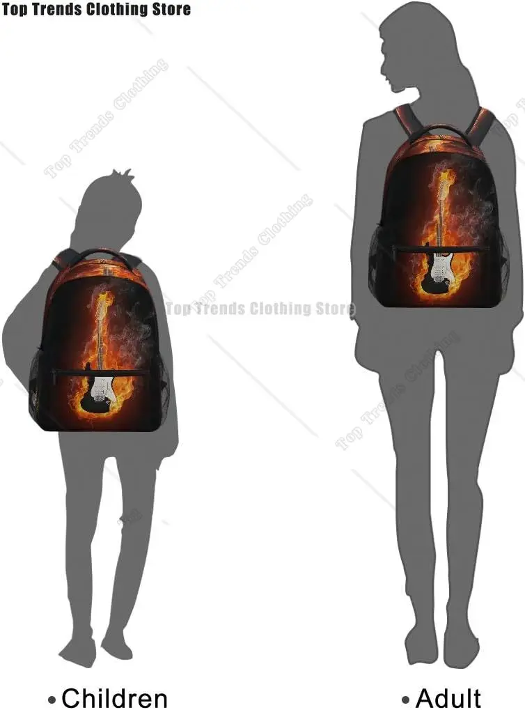 حقيبة ظهر للسفر مطبوعة على شكل جيتار كهربائي من Fire Flames لحقيبة الكتب المدرسية المقاومة للماء
