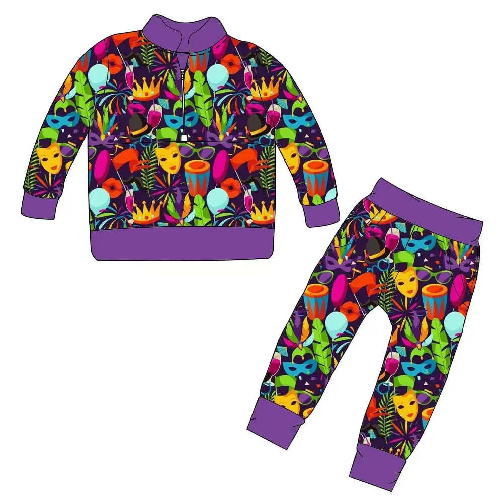 New Mardi Gras Suit Children's Long Sleeve Suit Half Zipper Color Mask Print Purple Hemming Boutique Children's Festival Suits