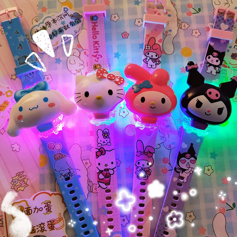 Sanrio Watch Cinnamoro Hello Kitty Waterproof Music Children Wrist Watch Kuromi Cartoon Led Luminous Silica Watchband Kids Gift