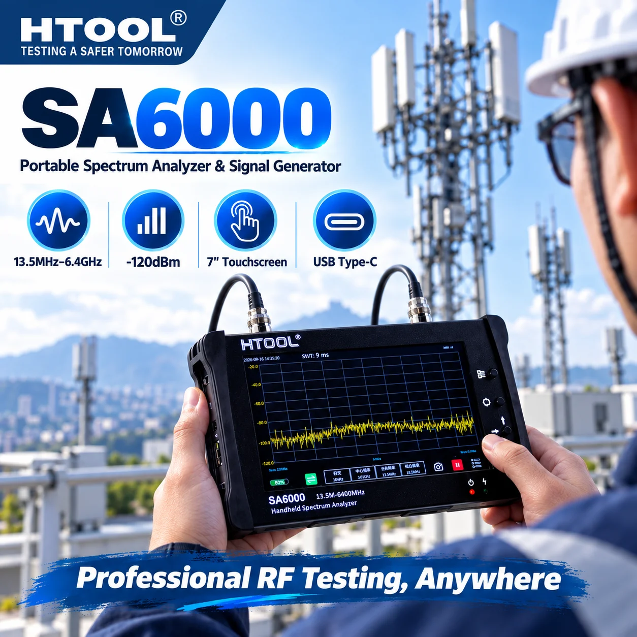 HTOOL SA6000 13.5MHz-6.4GHz Spectrum Analyzer Signal Generator S21 SCPI 7in Touch Screen RF Test Instrument