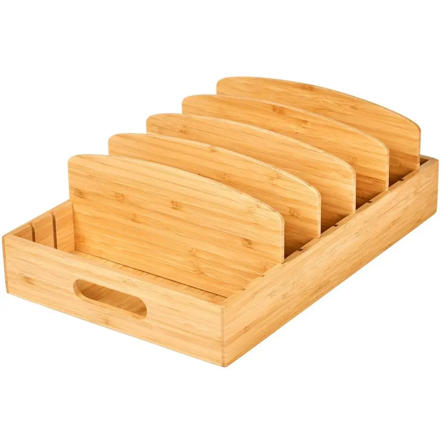 

Large Food Container Lids Organizer for Kitchen Cabinet and Drawer, Bamboo Organizer with 5 Tall Adjustable Dividers, Plastic Li