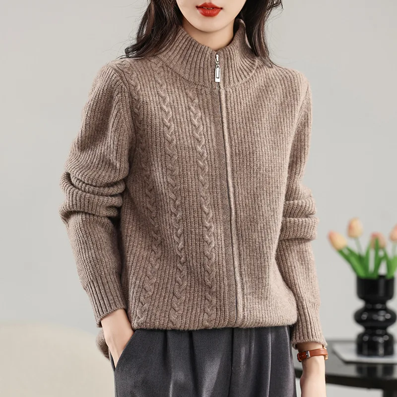 

Heavy Twisted% Wool Cardigan Coat Women, Autumn And Winter Half High Collar Zipper Outerwear Sweater Knitted