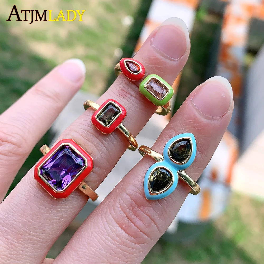 Pastel Enamel Geometric Bezel Band Rectangle 5A Cubic Zirconia CZ Sparking Engagement Band Ring for Women Fashion