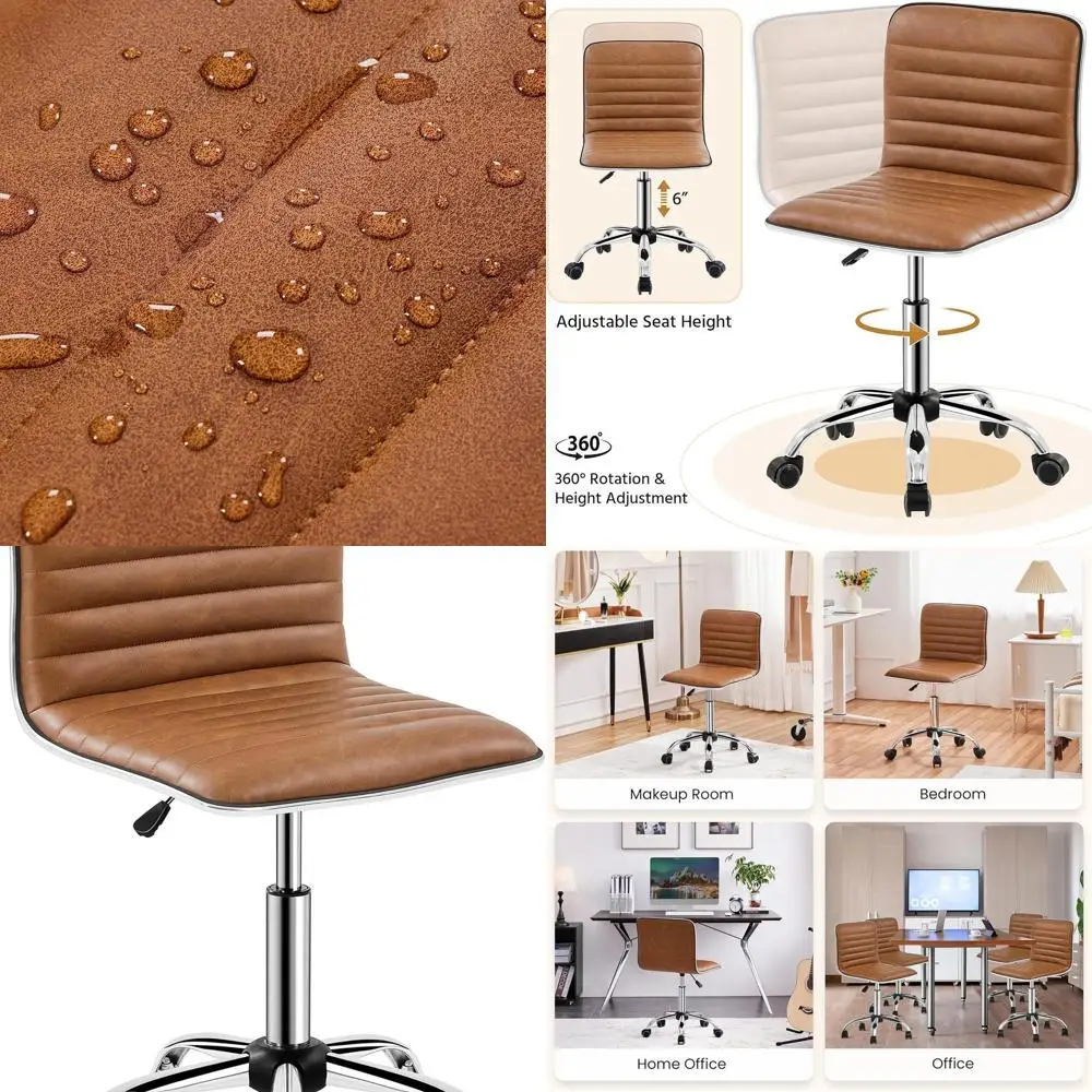 

Low Back PU Leather Ribbed Armless Office Chair, Ergonomic Swivel Computer Task Chair with Wheels for Office, Home