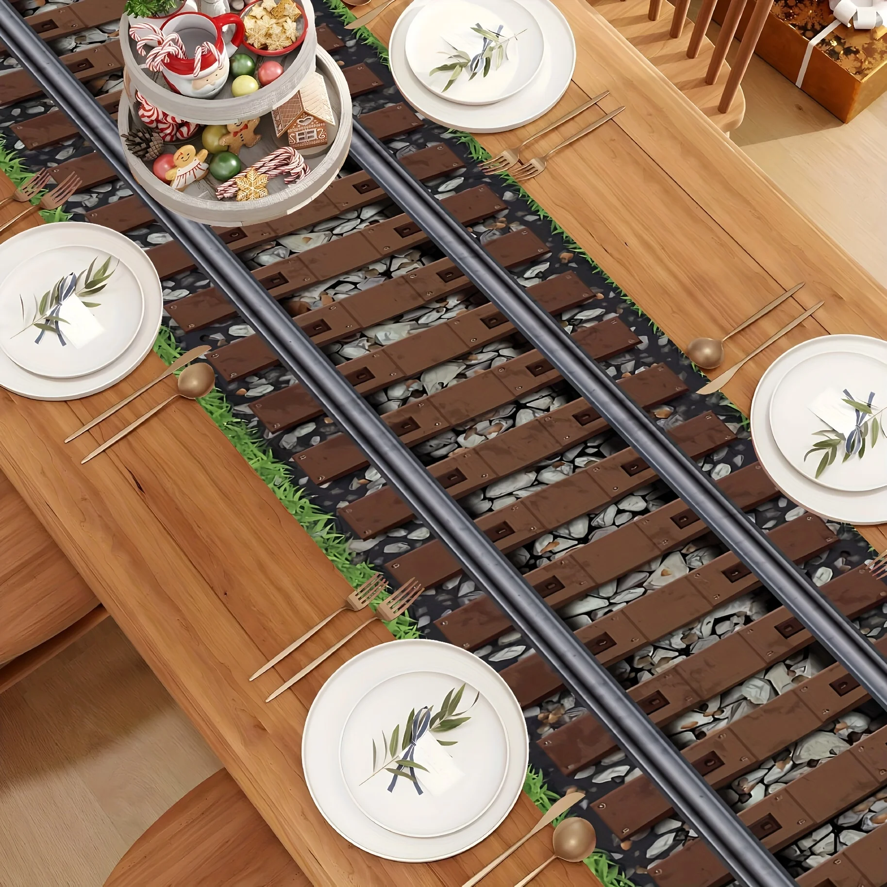 Realistic Train Track Table Runner | Stones & Grass Design | Dining, Kitchen, Living Room, Bedroom & Makeup Vanity