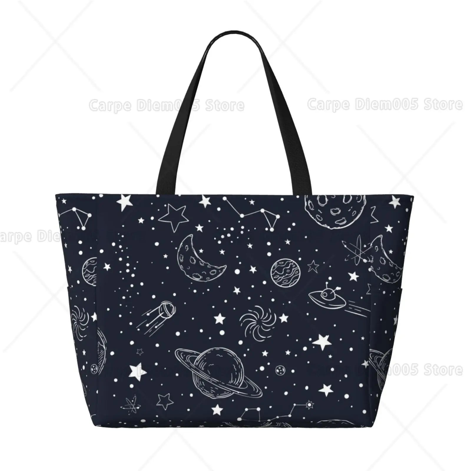 Planet Stars Beach Bag Sandproof Large Foldable Beach Tote with Zipper for Women Pool Travel Swim Grocery Tote Bag