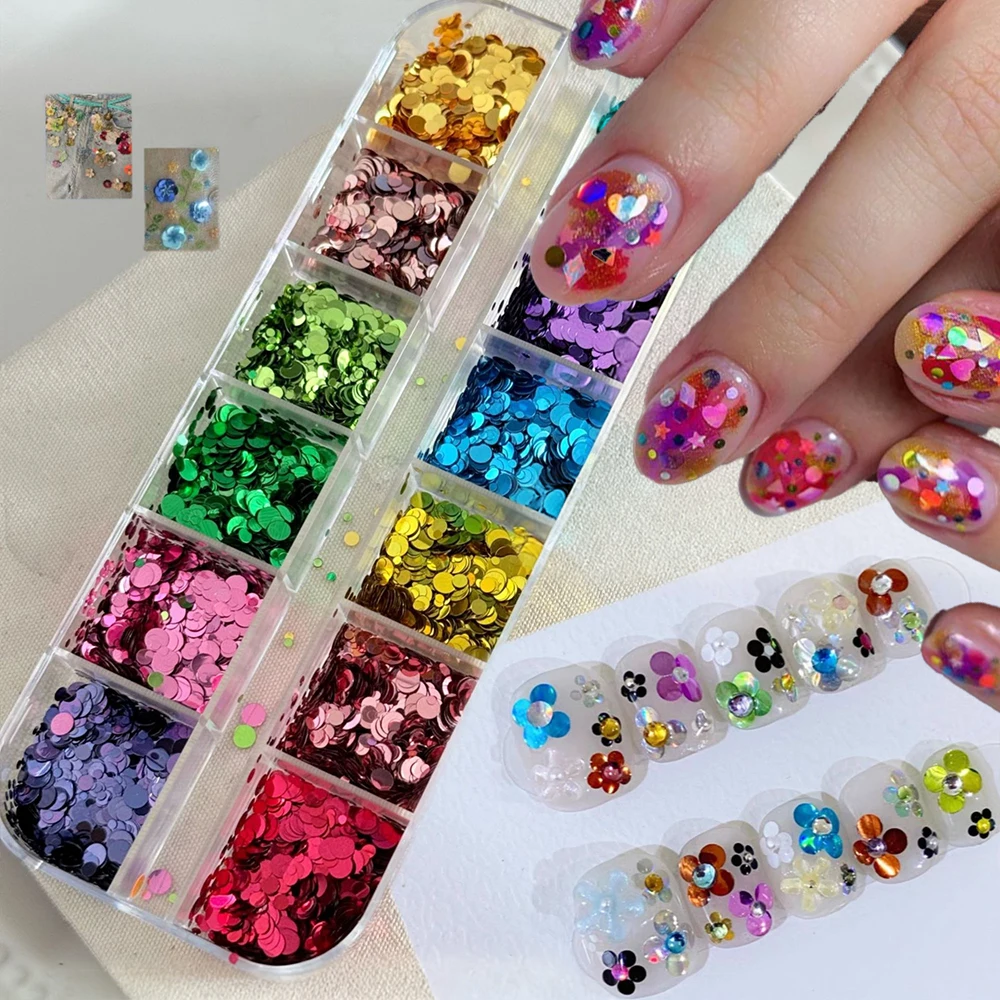 

12 Colors/box Holographic Shiny Sequins Nail Art Glitter Mixed Size Round Polka Dot Sparkle Slices Paillette Nail Art Decoration