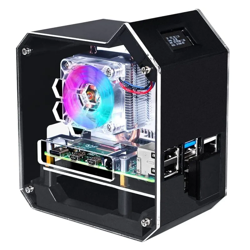 Mini Tower NAS Kit for Raspberry Pi 4B, Strong Heat Dissipation, support up to 2TB M.2 SATA SSD, OLED Screen Display