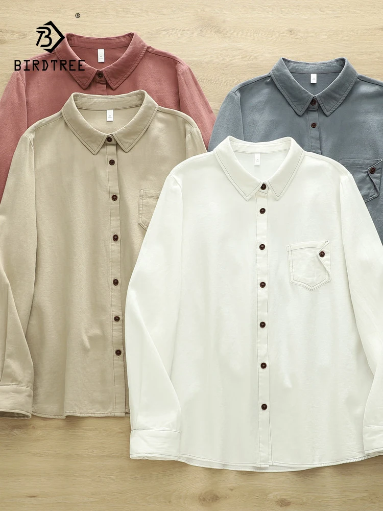 

New 2026 Spring Cotton Long Sleeve Brushed Shirt, Women Turn-down Collar Pocket, Mori Girl Retro Casual Loose Blouse T61552CC