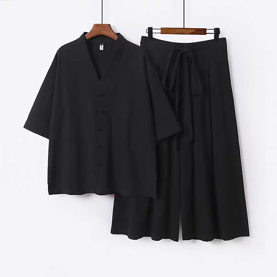 Chinese Style Hanfu Outfit Men Soft Linen Loose Kimono Top & Wide Leg Pants Breathable Casual Homewear