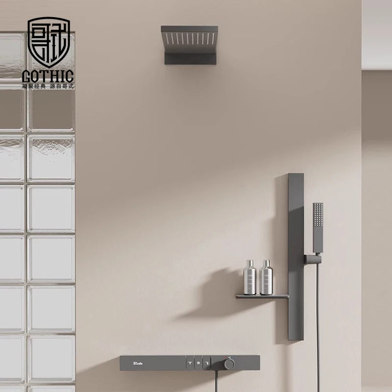 

Bathroom Faucet Black Flying Rain Concealed Wall Shower Set Constant Temperature White Piano Button Storage Stand Shower System