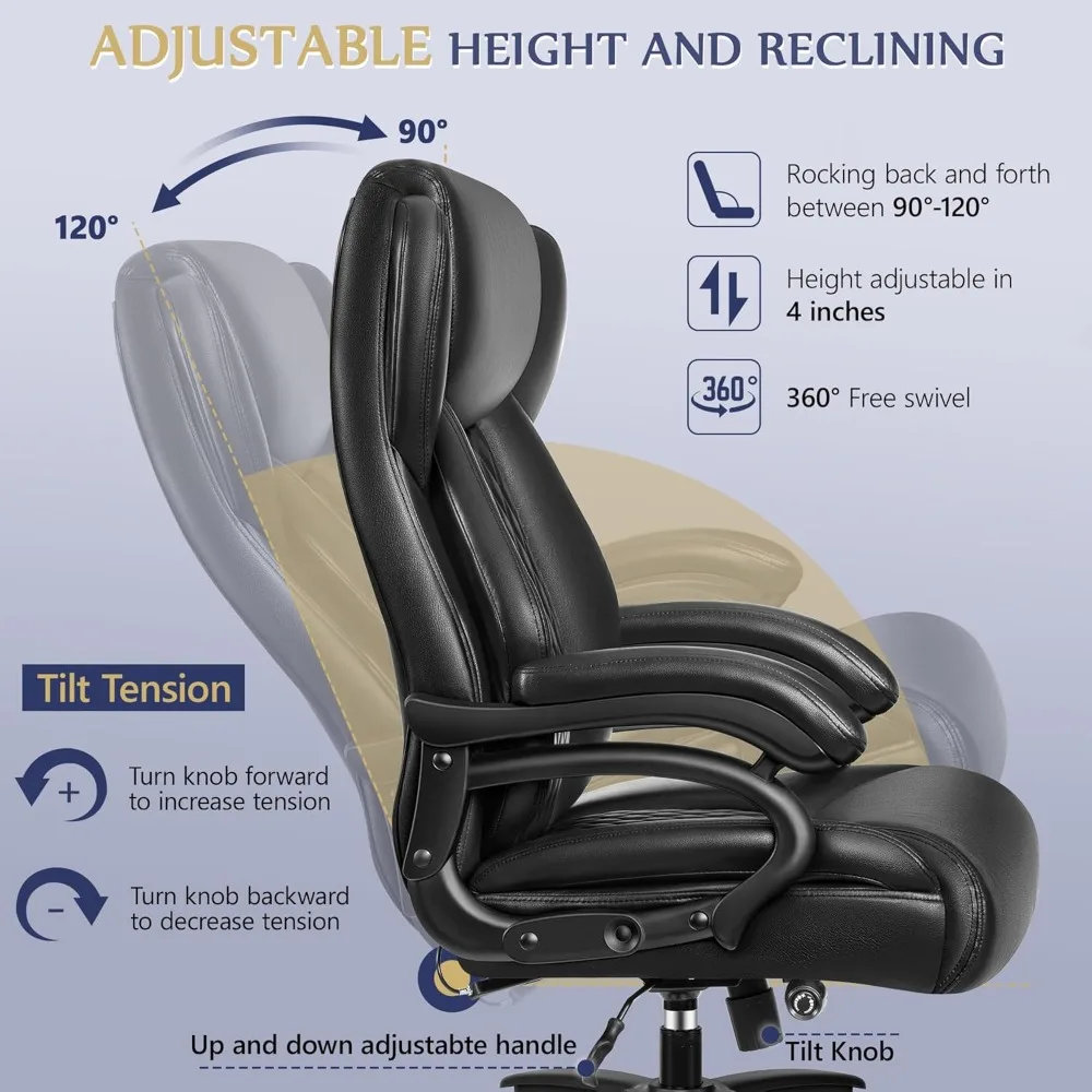 كرسي مكتب كبير وطويل بوزن 500 رطل، كرسي مكتب تنفيذي عالي التحمل مع دعم قطني قابل للتعديل، وسادة مبطنة مريحة، #4