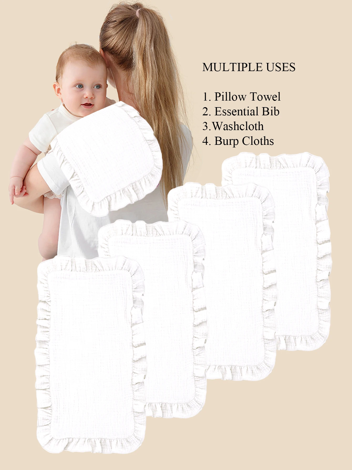 4Pcs/Set Soft Muslin Cotton Gauze Burp Rags Ruffle Newborn white Baby Burp Cloths