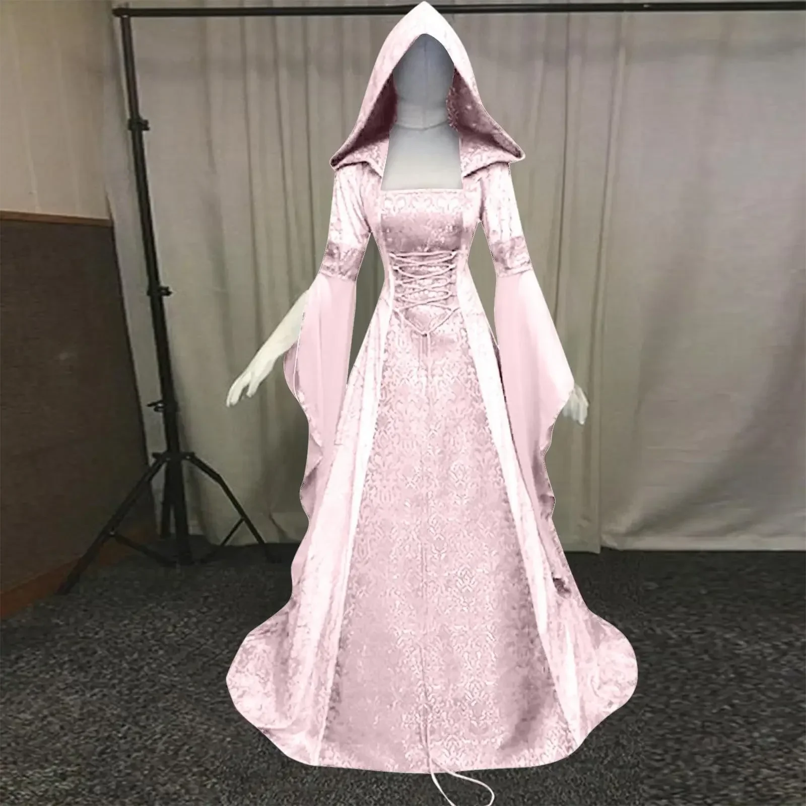 Damen Deluxe mittelalterliches Hexenkleid mittelalterliches Renaissance-Maxi-Schleppe-Kleid Halloween Teufel heidnische Hexe Hochzeit Cos Kostüm mit Kapuze