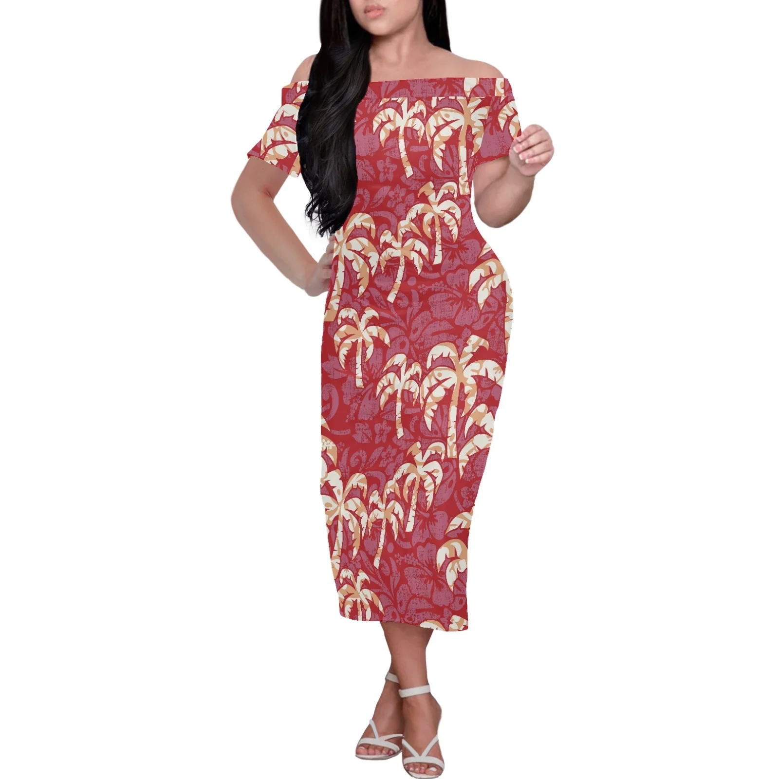 Hibiscus Print Dress Women's Backless Long Skirt Party Night Women's Black Samoan Clothing Elegant Island Wear Women's Clothing