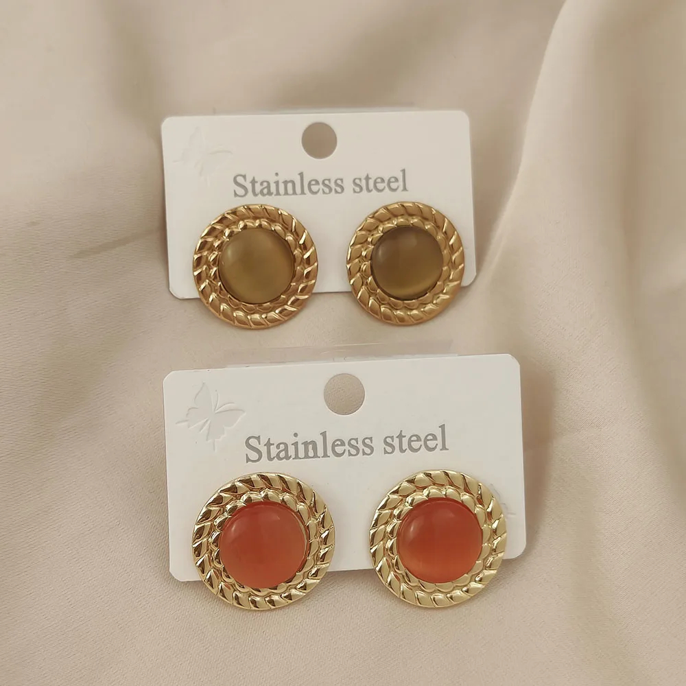 Stainless Steel Twisted Frame Round Cat Eye Stud Earrings Set Gold Tone Vintage Inlaid Stone Ear Jewelry for Women