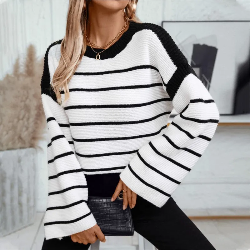 Maglione lavorato a maglia a maniche lunghe a righe bianche nere per l'autunno inverno da donna nuovo maglione pullover allentato girocollo Ropa Mujer