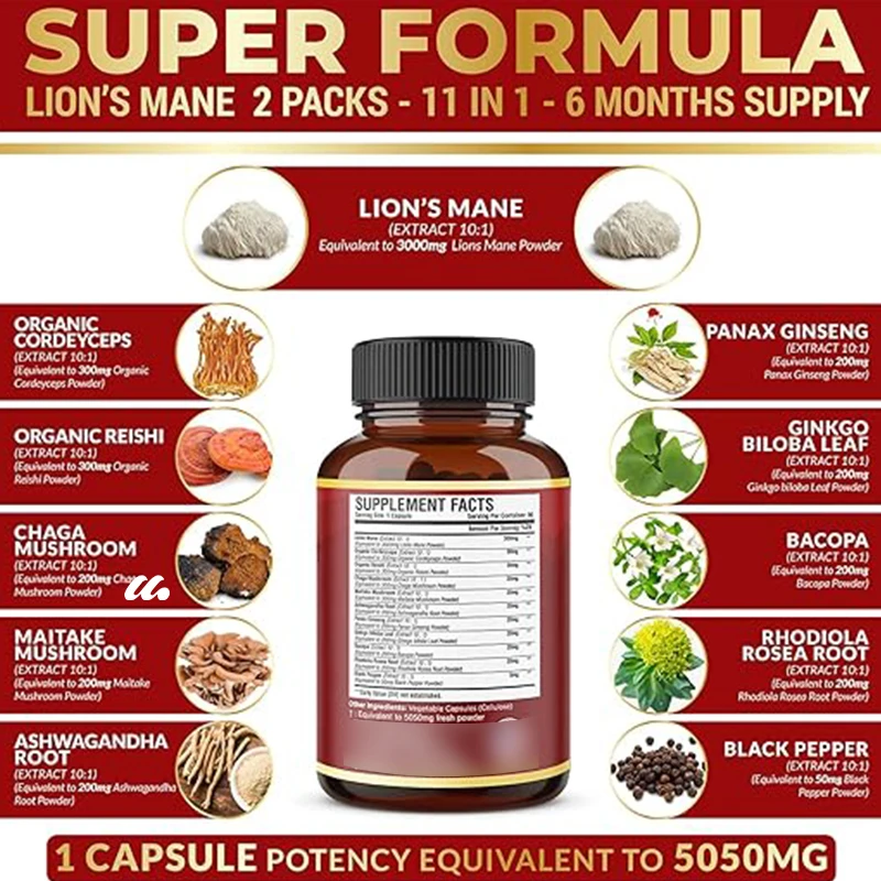 Lion\'s mane mushroom supplement, containing Cordyceps sinensis, Ganoderma lucidum, and South African drunken eggplant