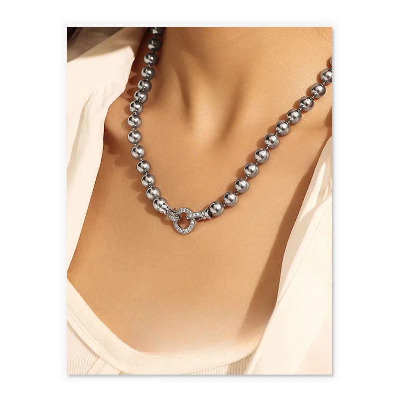 European and American fashion Tahiti real much hemp platinum gray pearl zircon embellished buckle necklace