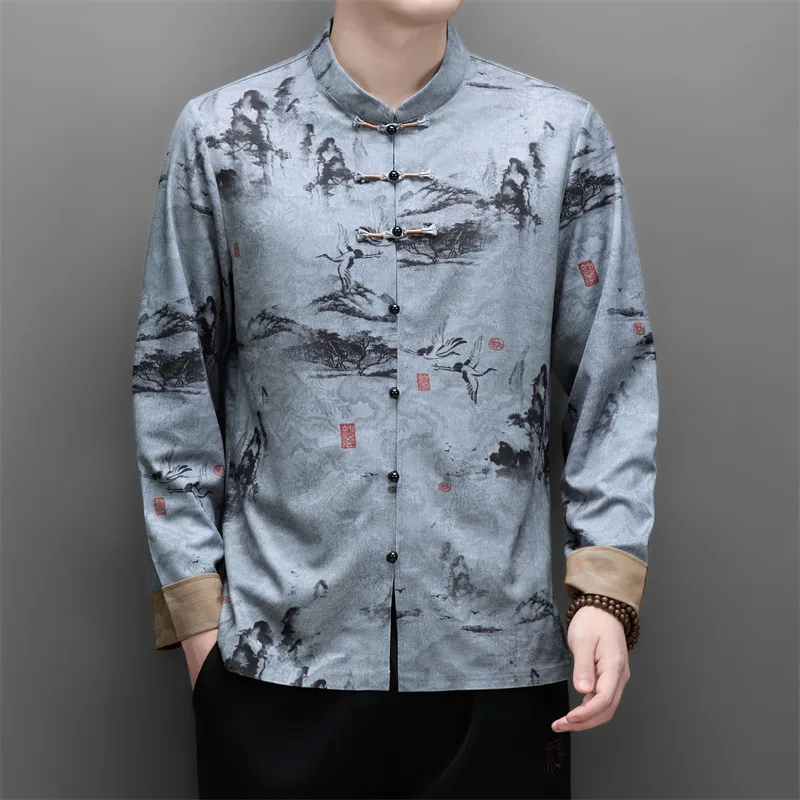 Chinese Style Frog Button Shirts For Men Long Sleeve Print Silky Autumn New Quality Tang Costume Skin-Friendly Camisas De Hombre
