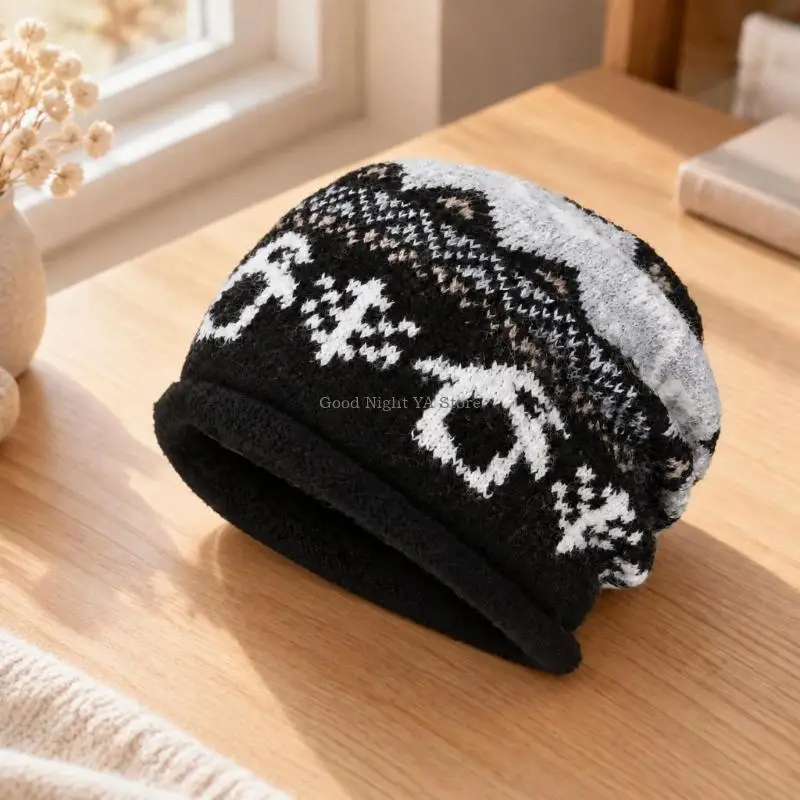  Folded-Edge Earflap Hat with Patterned Fabric for Fall and Winter