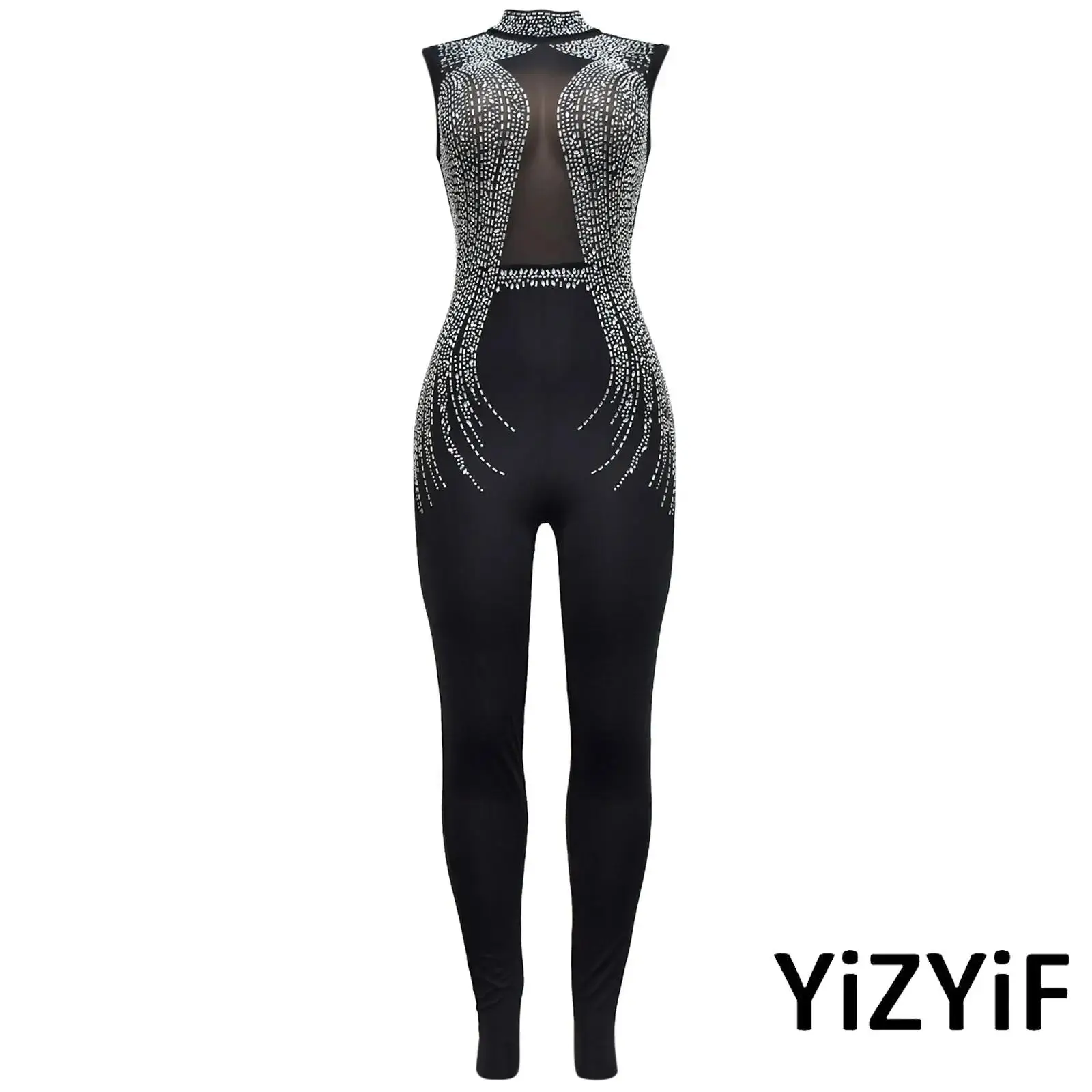 

Womens Glittery Figure Skating Dancewear Gymnastic Jumpsuit Mock Neck Sleeveless Sheer Mesh Patchwork Rompers Dance Bodysuit