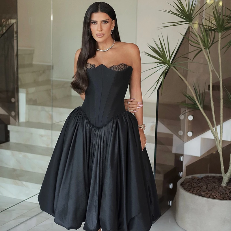 Thinyfull Black A-Line Prom Evening Dresses Sweetheart Lace Tea Length Party Dress Formal Satin Cocktail Prom Gowns Customized