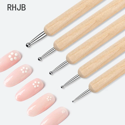 RHJB-pluma perforadora para uñas, barra de madera para revolver esmalte de uñas, dibujo de cinco pétalos, flor, lunares, doble cabezal, barra inoxidable