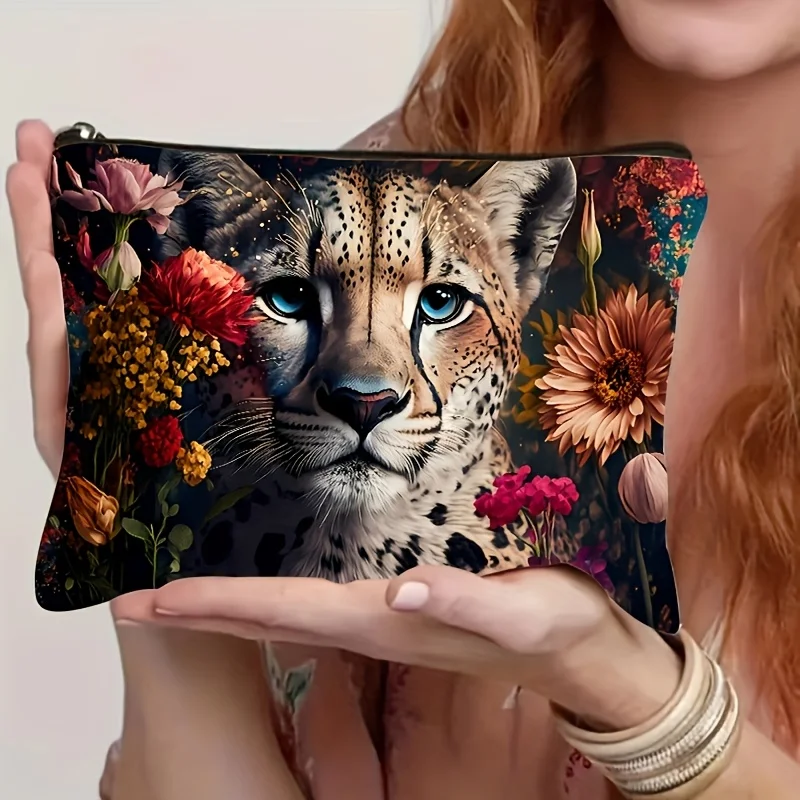 1Pc Cute Wild Leopard Print and Warm Floral Retro Design Multifunctional Travel Makeup Bag, Snack Storage Bag, Stationery Storage Bag, Fashionable Toiletry Bag, Canvas Double-Sided Printed Zipper Pouch