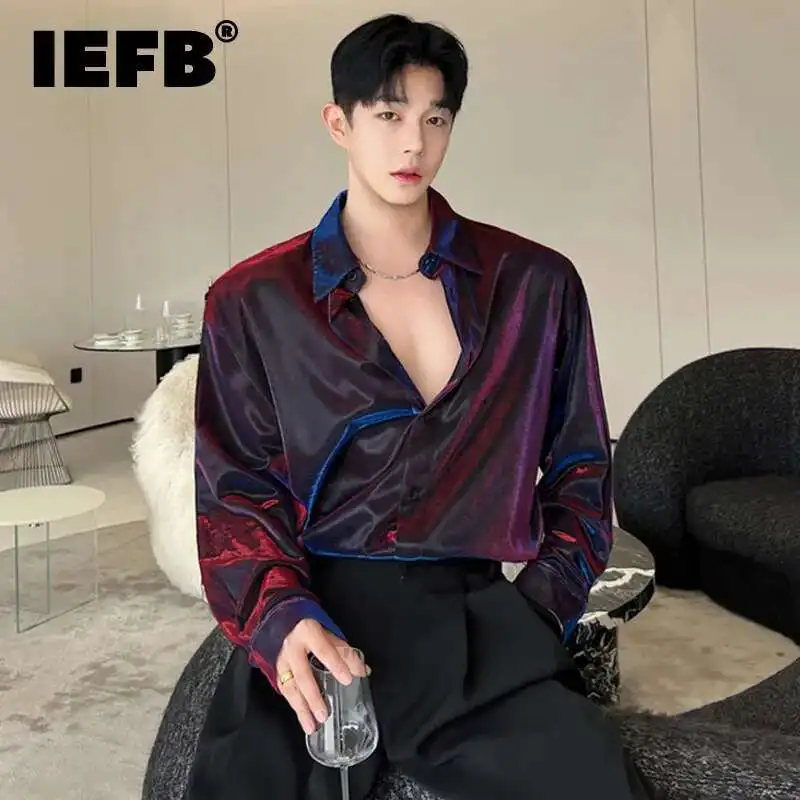 IEFB Korean New Chic Men Casual Shirt Trendy Liquid Metal Variable 
