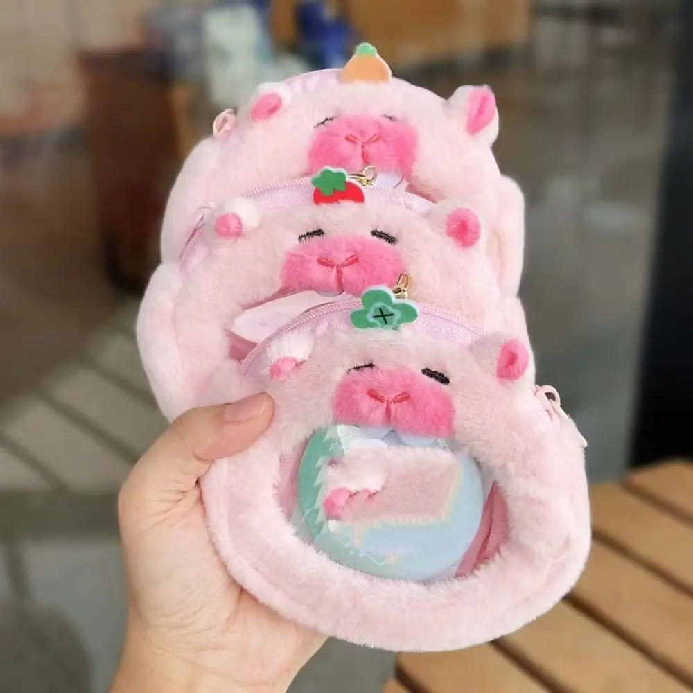 Animal Key Ring Plush Capybara Zero Wallet Soft Cartoon Capybara Plush Purse Creative Pink Transparent Badge Bag Daily