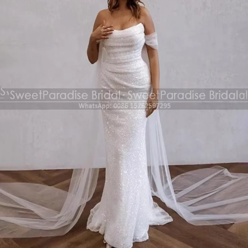 Vestido de novia con cuentas y lentejuelas trompeta, sirena plisada, personalizado, sin tirantes, cintura larga, vestidos de fiesta nupcial blancos para mujer