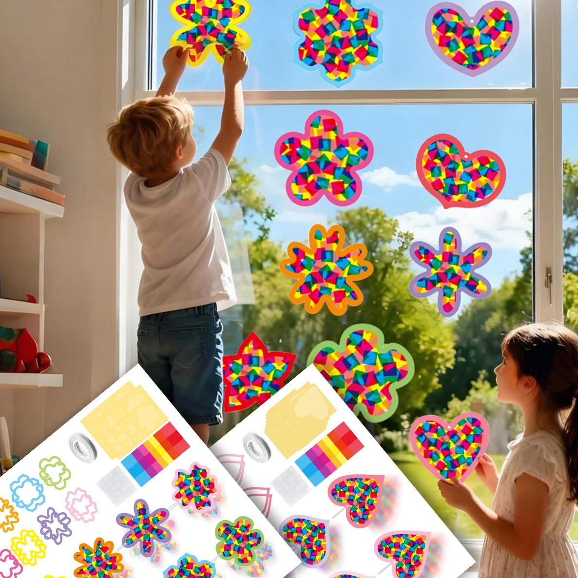 DIY Suncatcher Craft Kit for Home Glass Window Handmade Hanging Ornament Flowers Heart Shape Decor Ornaments DIY Tissue Art Craf