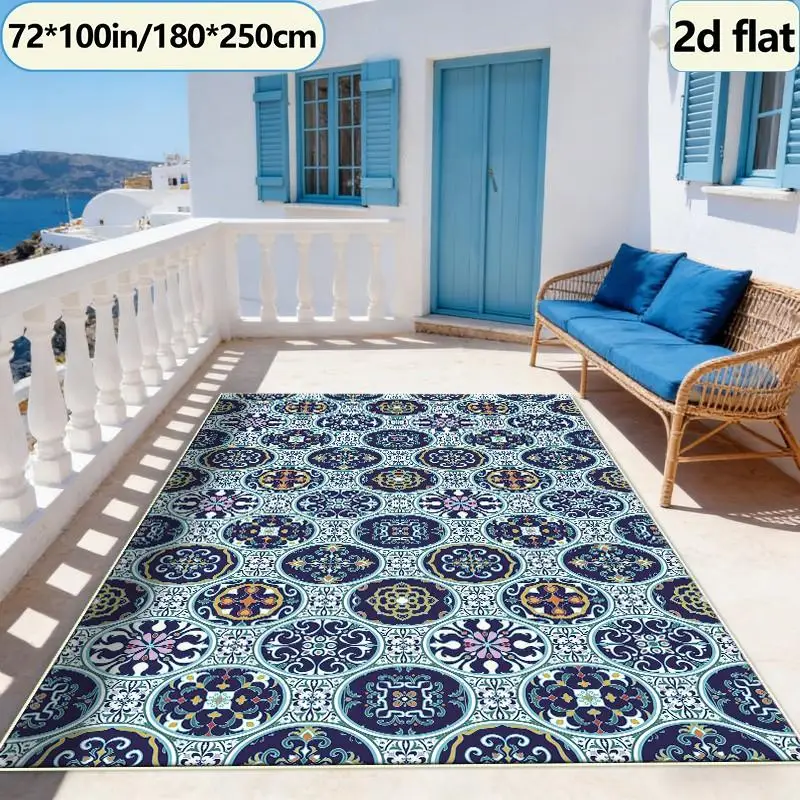 Mediterranean Tile-Style Carpet Floor Decoration, Exquisite Non-Slip Carpet, Decorative Floor Mat Suitable for Home Living Room and Bedroom