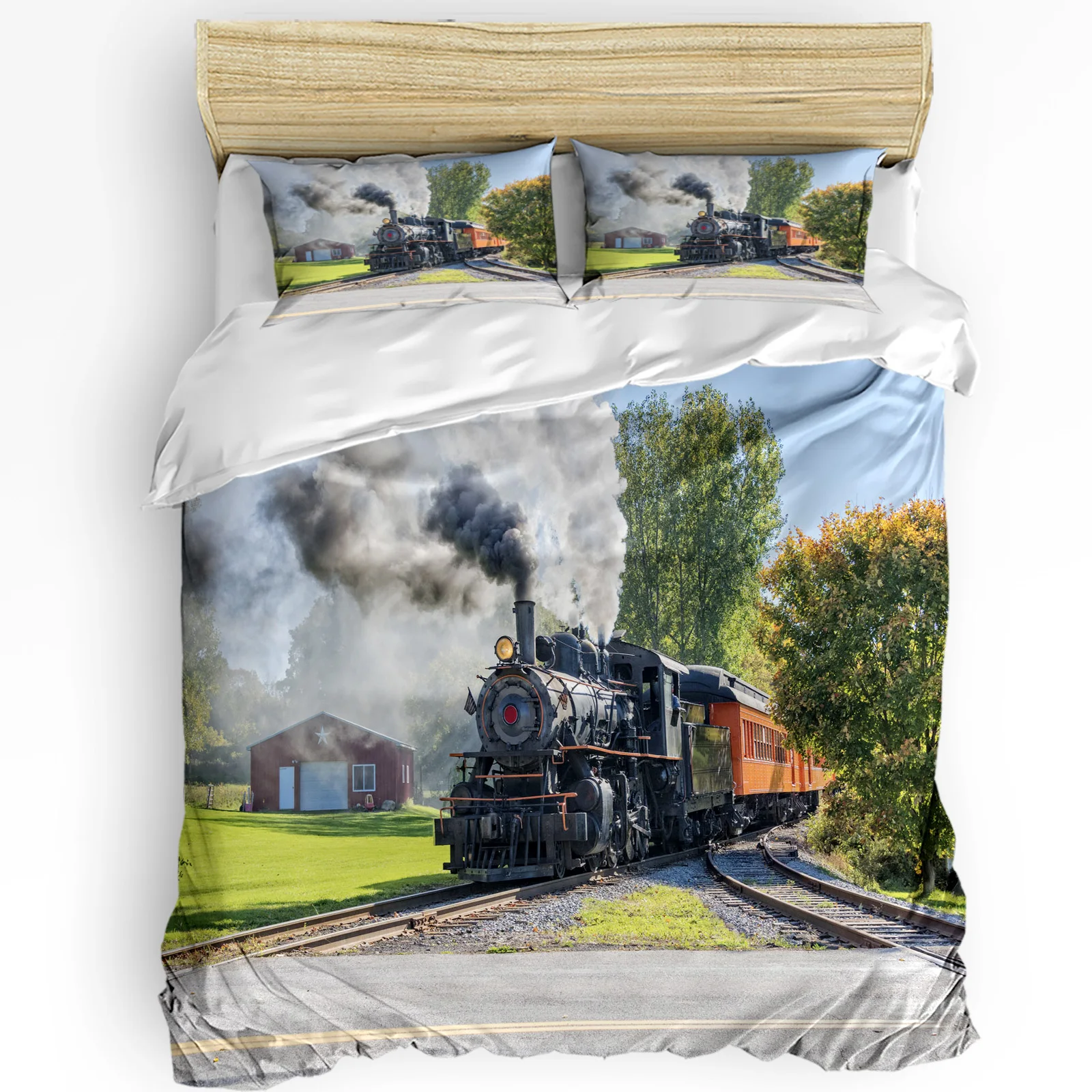 Steam Train Smoke Landscape Retro 3pcs Bedding Set For Bedroom Double Bed Home Textile Duvet Cover Quilt Cover Pillowcase