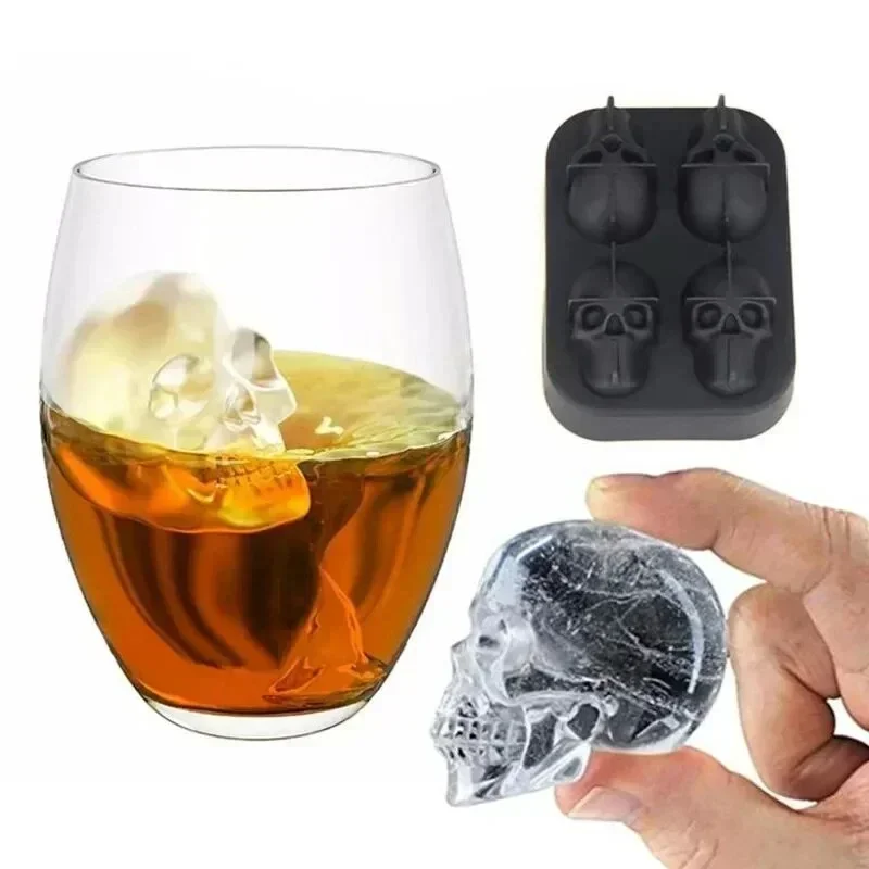 3D Skull Silicone Ice Mold with Funnel Food Grade Large Ice Cube Tray for Whiskey Cocktail Bar Halloween Party Reusable Supplies