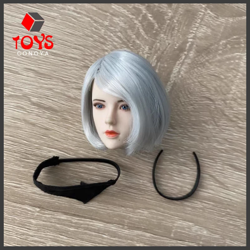 SET017 1/6 NieR 2B Gir Head Sculpt with Blindfold Hair Band Fit 12'' TBL Female Soldier Pale Action Figure Body