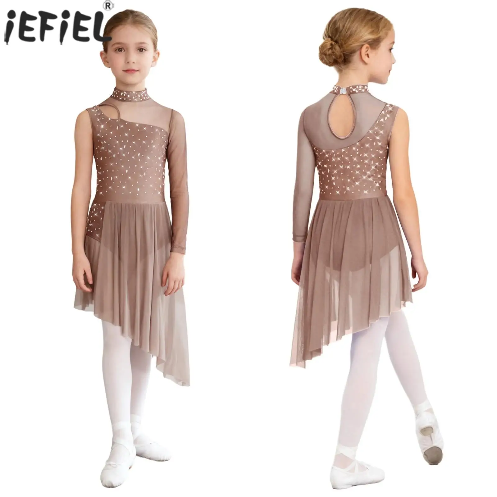 Girl Modern Lyrical Dance Dress Shiny Rhinestones Cutout Sheer Mesh Tutu Leotard for Ballet Figure Skating Gymnastic Performance