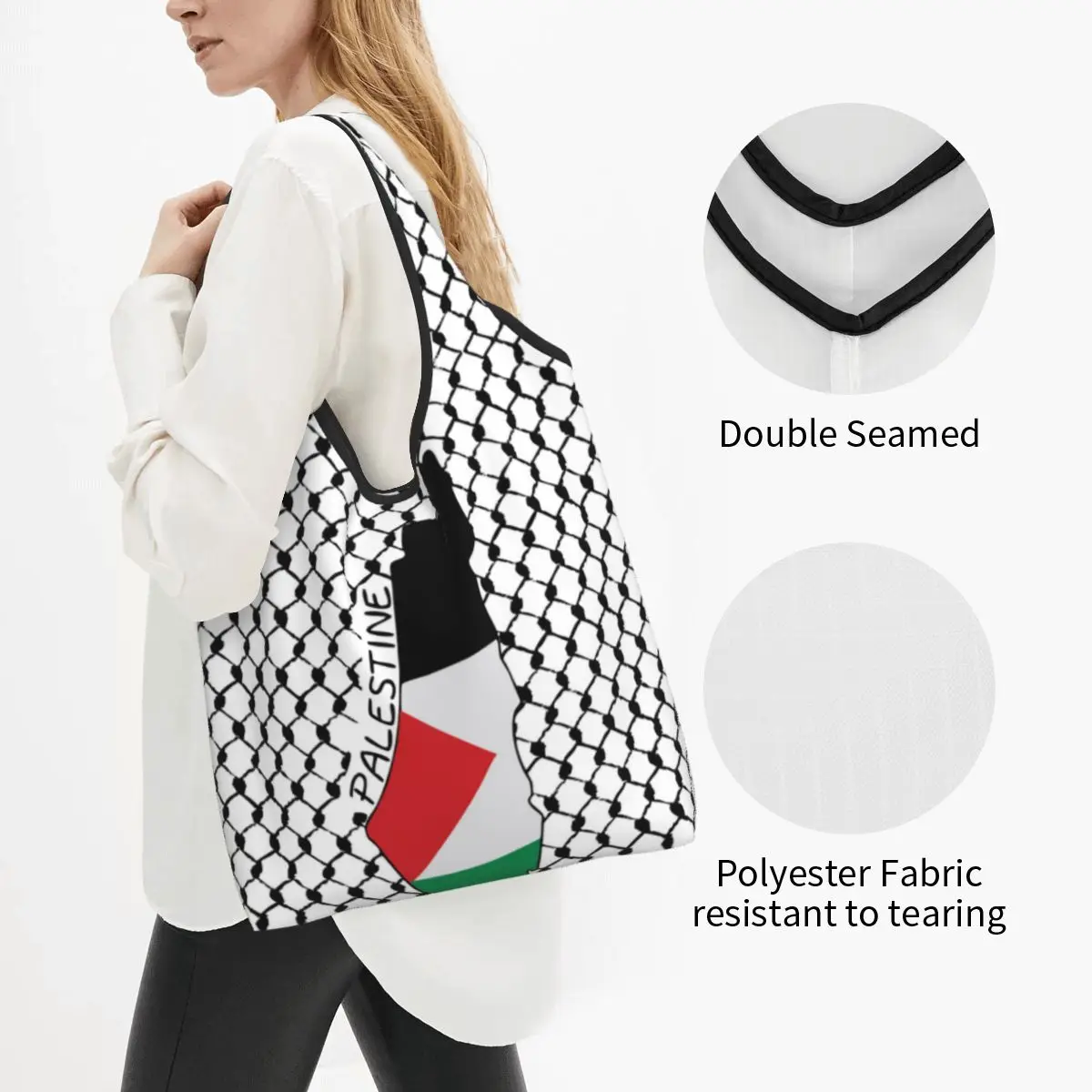 Reusable Palestine Palestinian Kufiya Hatta Shopping Bags for Groceries Foldable Grocery Bags Washable Large Tote Bags