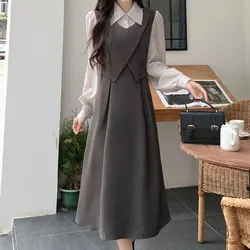 Elegant Fashion Harajuku Slim Fit Female Clothes Loose Casual All Match A-line Skirt Long Sleeve Shirt Dress Fake Two Pieces