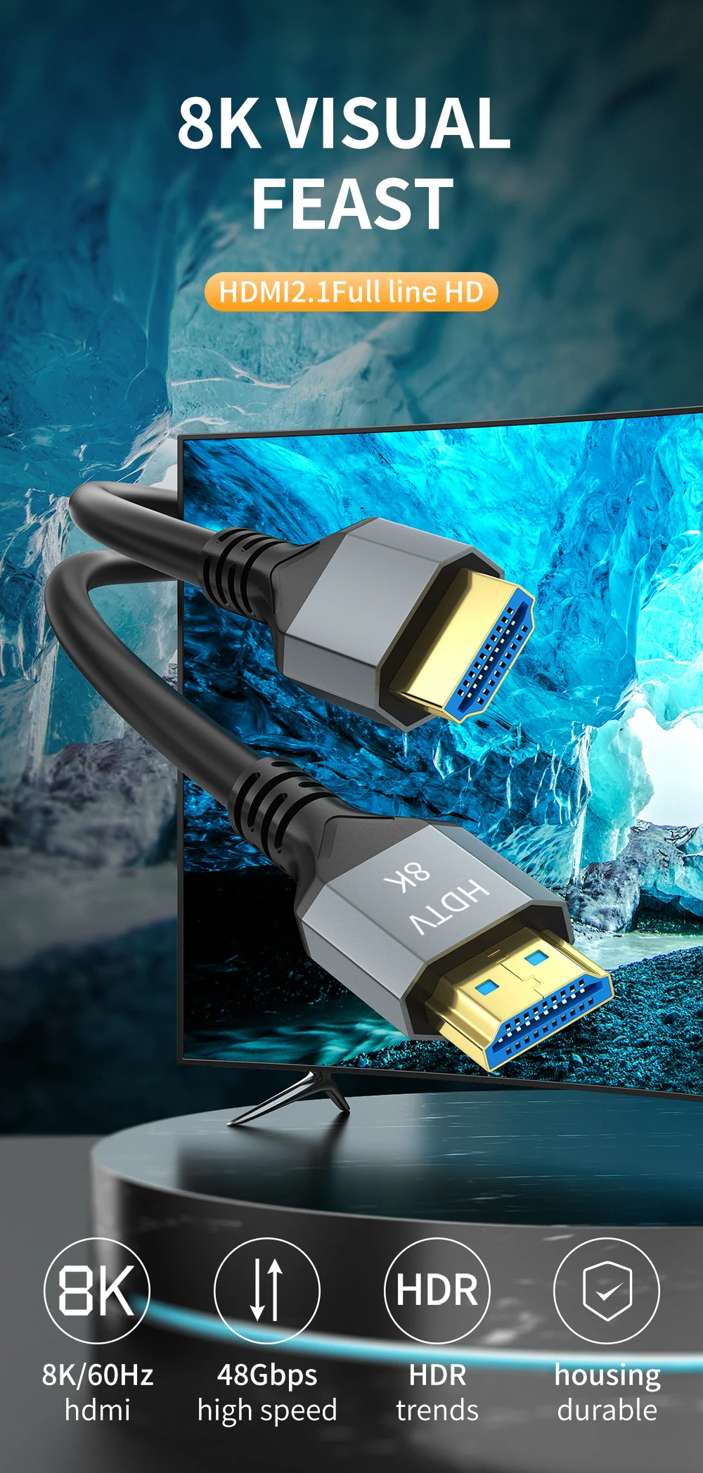 Кабель 8K HDMI 2,1, 4K @ 120 Гц, 8K @ 60 Гц, 48 Гбит/с