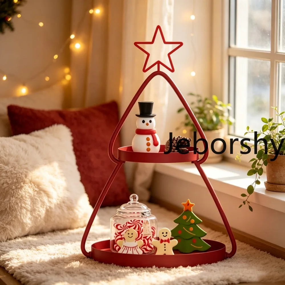 2026 New Red Metal Christmas Tree 2-Tier Tray Festive Serving Stand for Holiday Party Dessert Candy Holder Fast Shipping