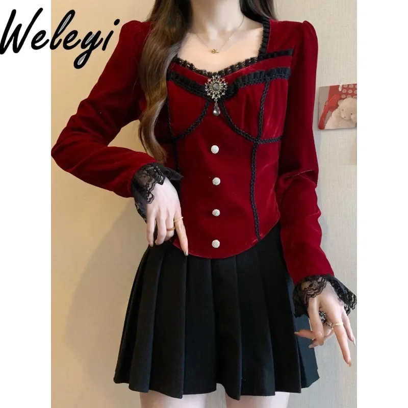 Autumn and Winter New Elegant Red Velvet Shirt Large Size Korean Style Women's Square Neck Irregular Long Sleeve Tops Women