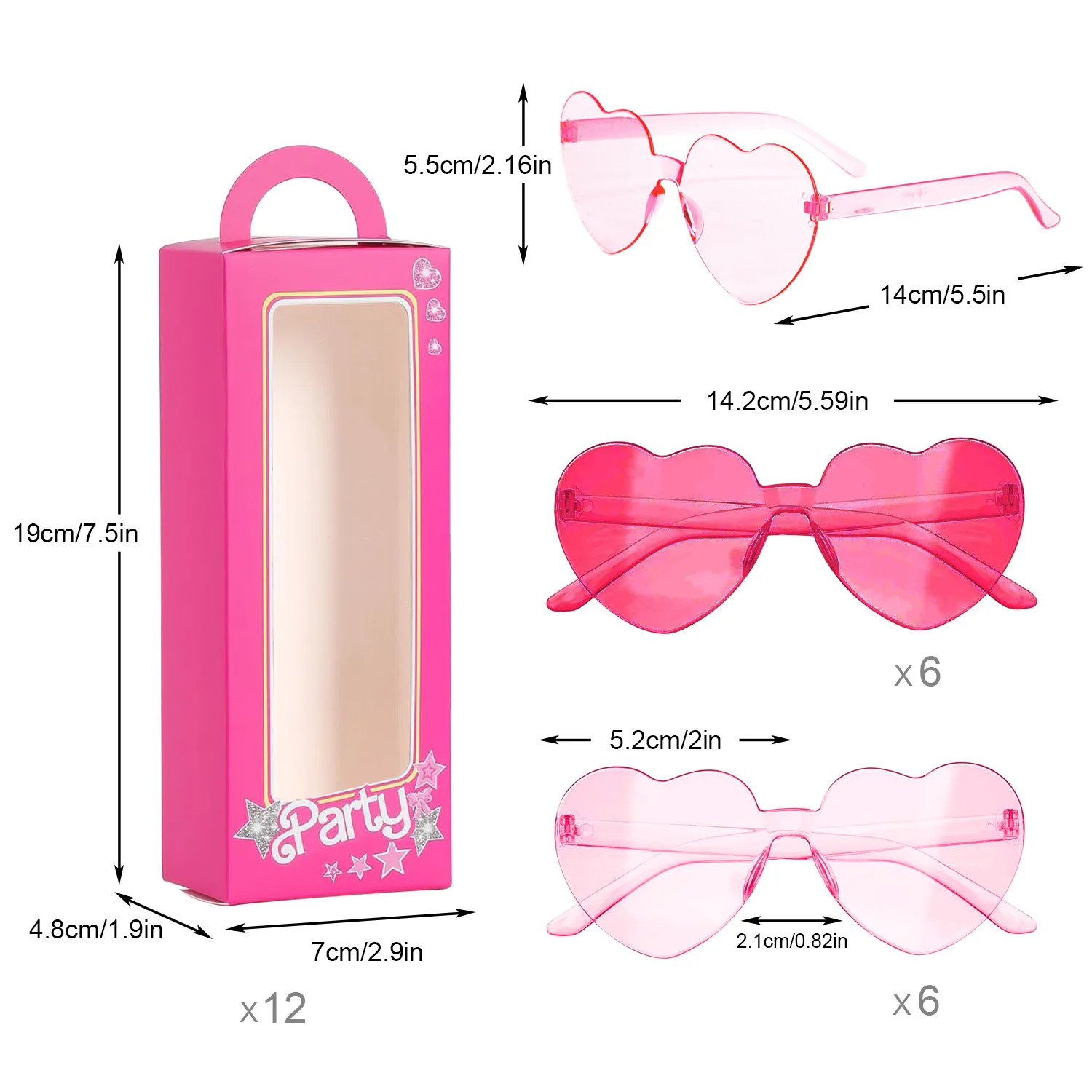 12 rosa Puppen-Geschenkboxen, Goodie-Tasche + 12 herzförmige Sonnenbrillen, rosa Prinzessinnen-Mädchenboxen für Geburtstag, Junggesellenabschied