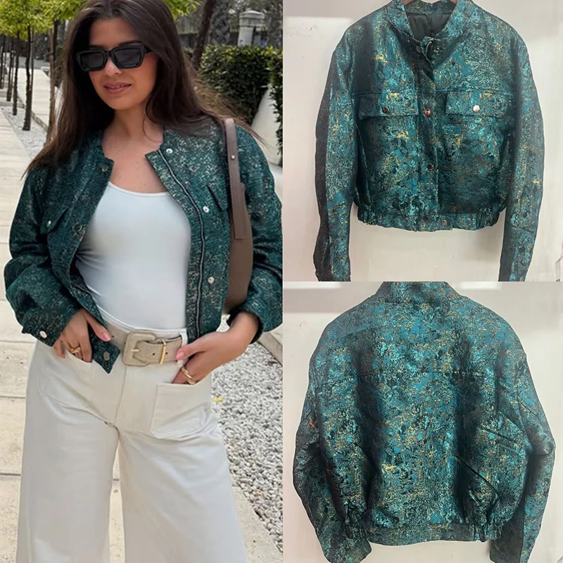 

Женская новая модная повседневная короткая куртка в стиле ретро, универсальная куртка с длинными рукавами цвета металлик, женское пальто свободного покроя