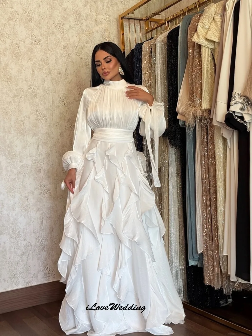 فستان حفلة موسيقية مخصص برقبة عالية 2025 بأكمام طويلة أنيق لحفلات الزفاف على شكل حرف a الكشكشة مطوي فساتين رسمية طول الأرض #2