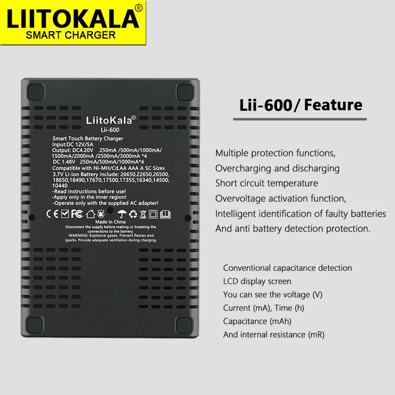 LiitoKala Lii-600 Battery Charger For Li-ion 3.7V and NiMH 1.2V Battery Suitable for 18650 26650 21700 26700 AA AAA 12V5A